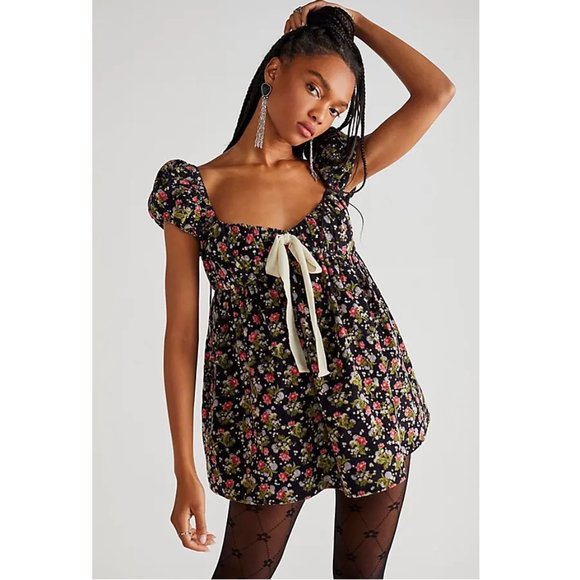 NEW Free People Gaia Printed Tunic Lilac Floral Corduroy Bow Floral Mini Dress - Picture 4 of 7